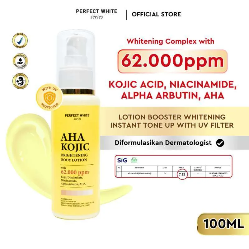 Perfect White AHA Kojic Brightening Body Lotion Tone Up, Perawatan Tubuh untuk Kulit Lebih Cerah dan Merata